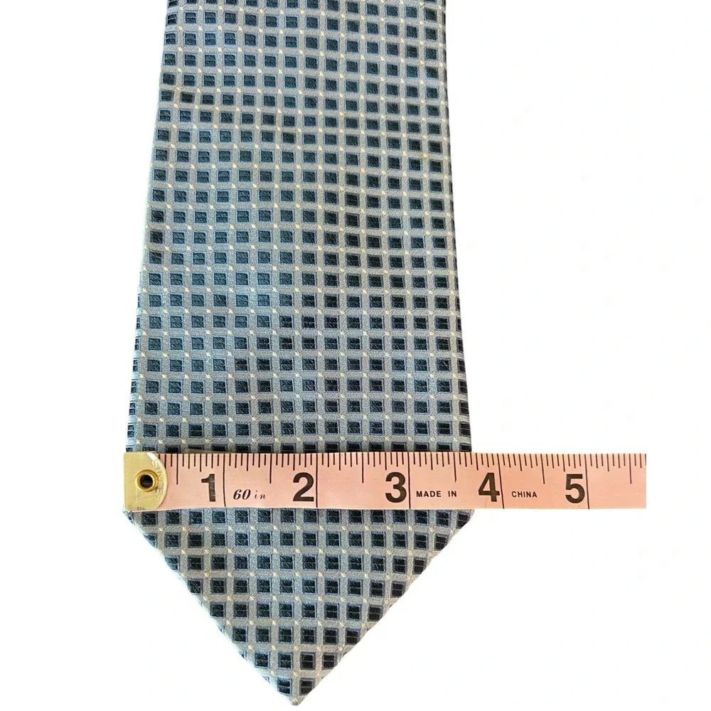 Jones New York JNY Mens Silk Tie Light Blue Navy Geometric Square Grid Classic